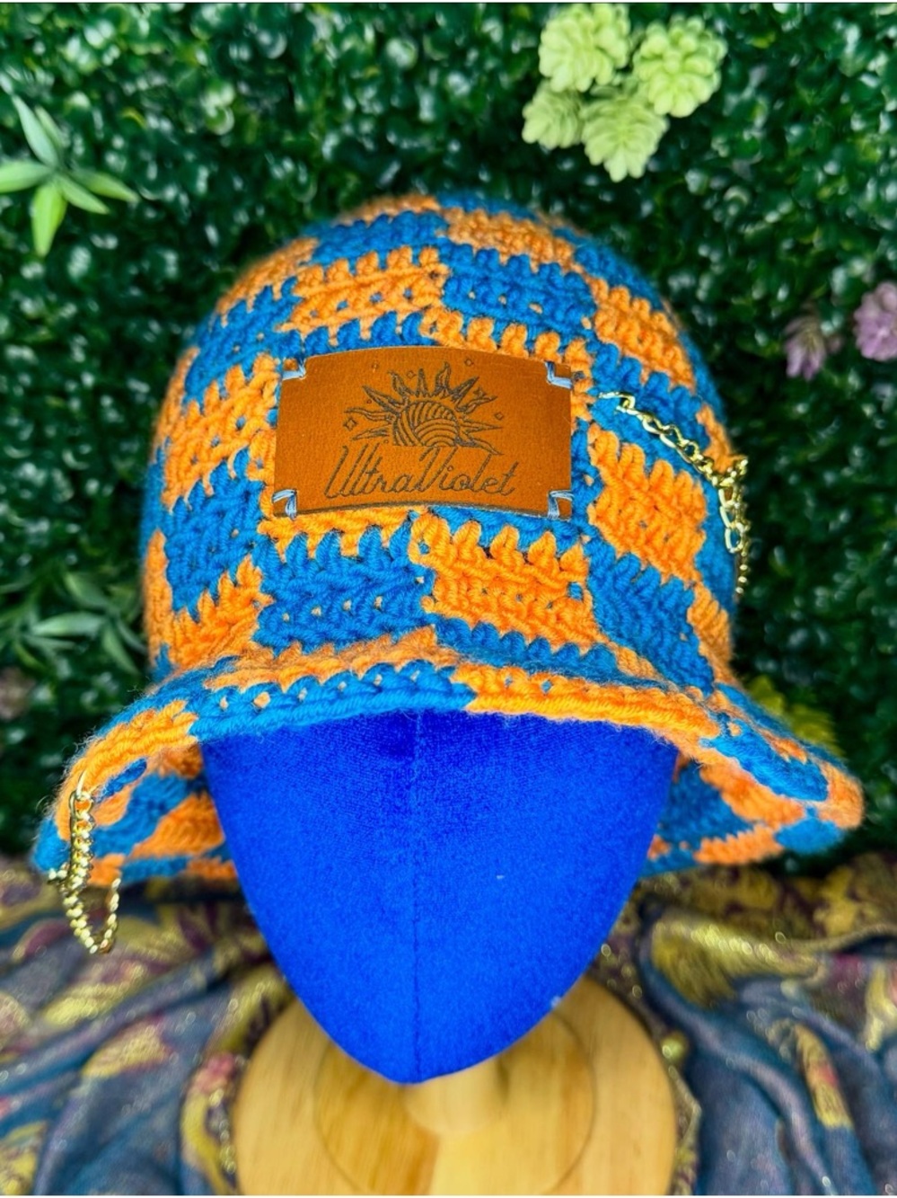 Crochet Checkered Bucket Hat - Blue & Orange